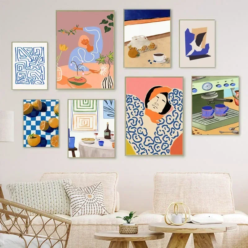 1PC Frameless  Abstract Geometry Line Girl Coffee Maker Fruit Canvas Painting Posters and Prints Wall Art Living Room Interior H