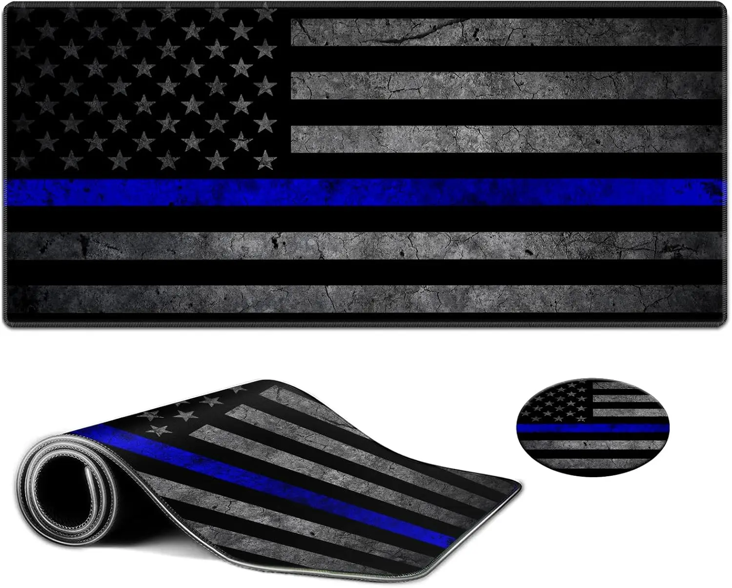 

Large Gaming Mouse Pad 35.5x15.75 Inches, Thin Blue Line American Flag Design, Extended XXL Desk Mat with Stitched Edges, Non-Slip Rubber Base for Office and Home