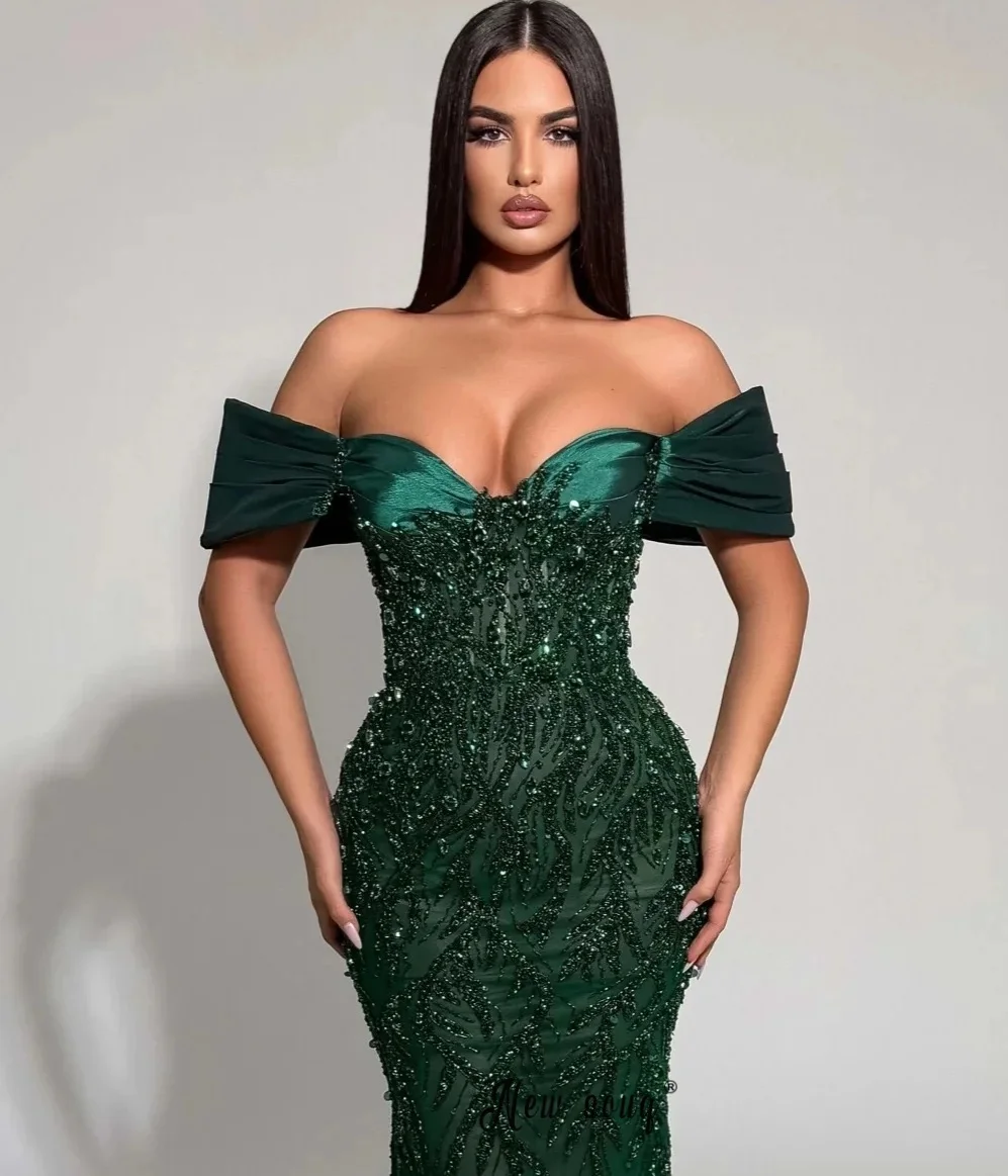 Vestido de fiesta verde esmeralda con hombros descubiertos, largo, estilo sirena, con cuentas, para invitadas de boda, escote corazón, hasta el suelo, para novia, noche, personalizado