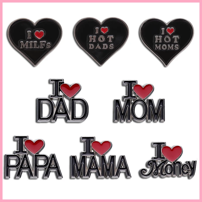 I Love Dad Mom Enamel Pins Fashion Simple Black Heart MILFs Alloy Brooch Badges Trendy Personalized Lapel  Jewelry Gift For Kids