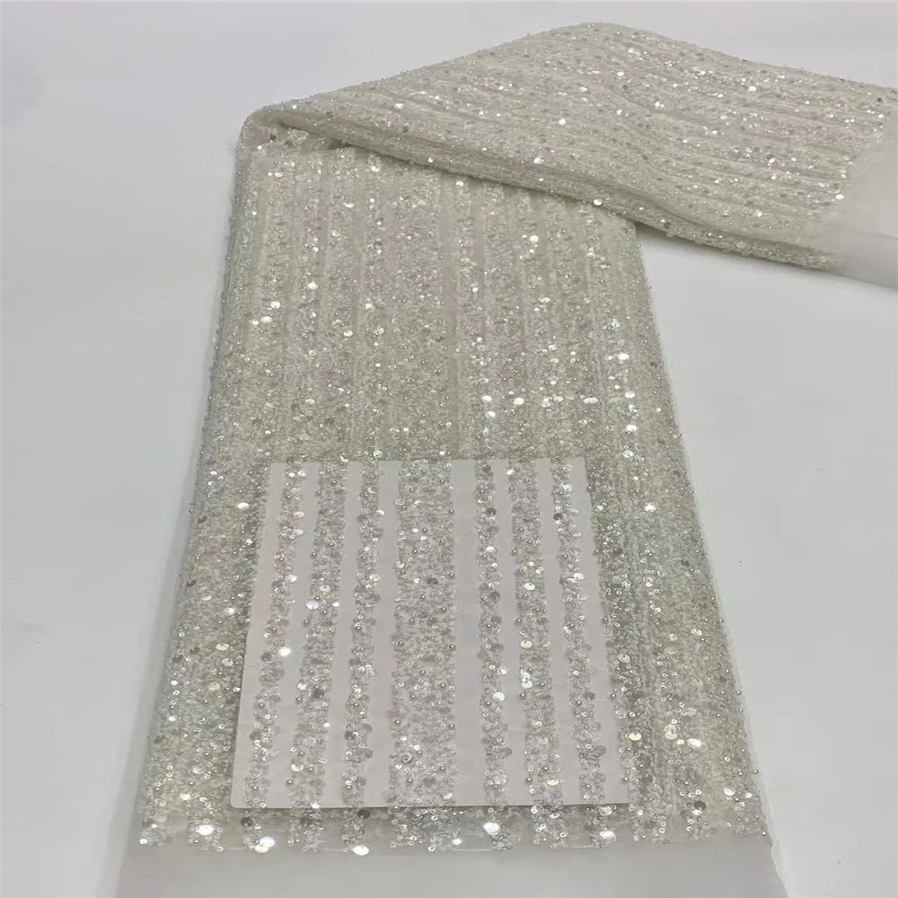 Tela bordada de malla de perlas con lentejuelas de diamante, barra Vertical, vestidos de novia, ropa de escenario, Material de fiesta de noche