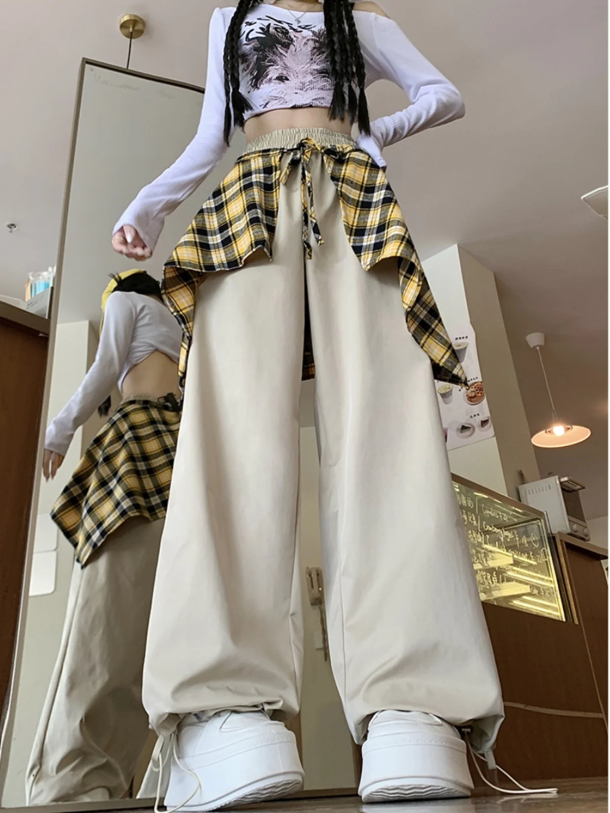 

Detachable Plaid Casual Pants ex Hip Hop Loose Leggings Spring Autumn Trendy Sports Long Trousers Straight Cut Elastic Waist