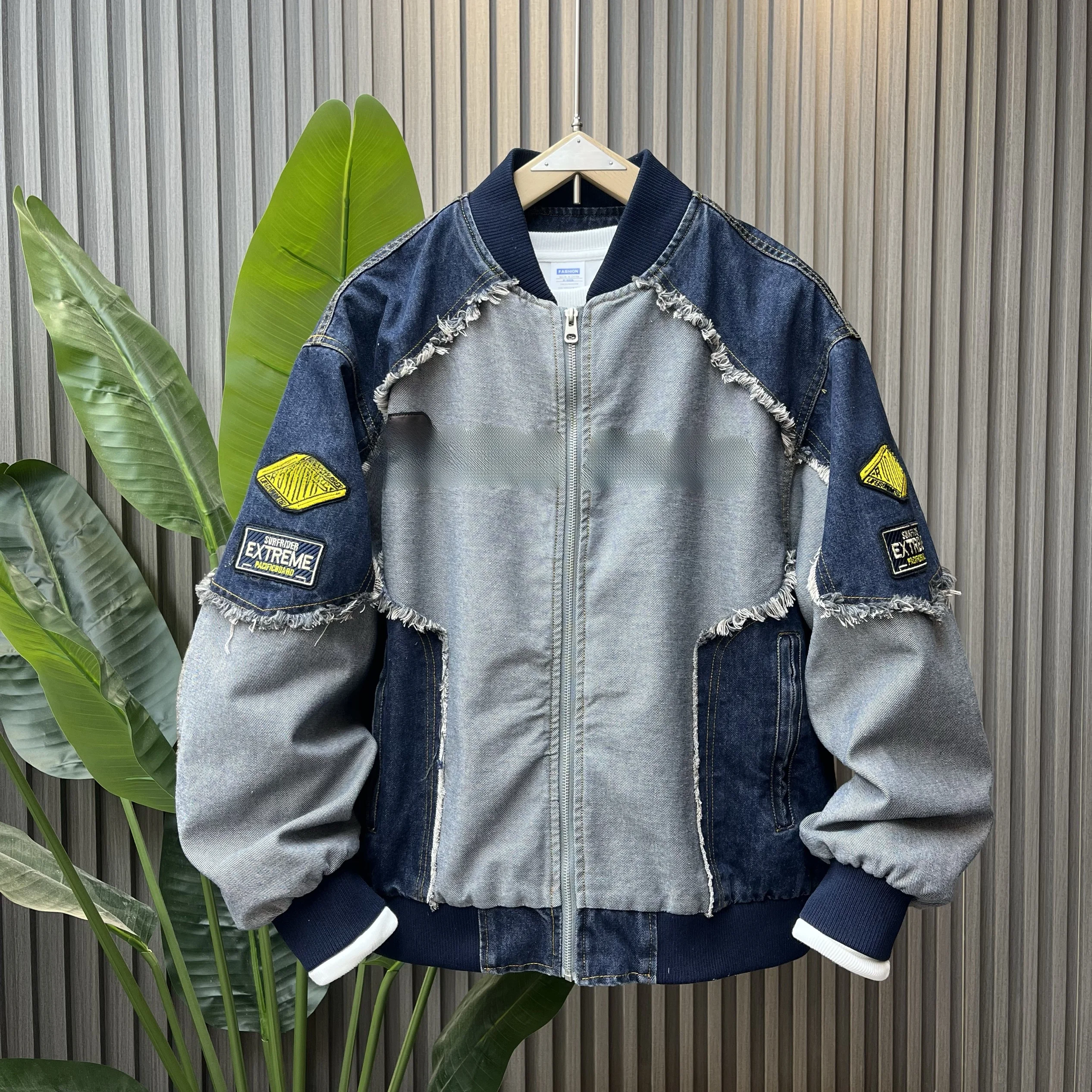 

Весна 2026: Мужская бейсбольная джинсовая куртка с вставками, свободного кроя, повседневная молодежная верхняя одежда из полиэстера, с длинными рукавами, классический воротник