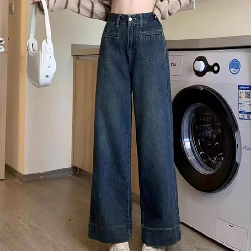 

Корейские синие широкие джинсы для женщин Шикарные джинсы на пуговицах с высокой талией Женские весенне-осенние свободные брюки с карманами Женские