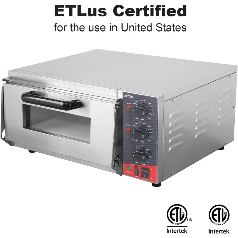 CROSSON ETL-horno eléctrico de Pizza para interiores, horno comercial con piedra para Pizza y temporizador de 60 minutos, acero inoxidable para interiores