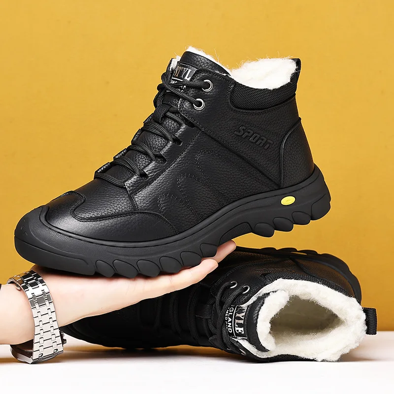 

Winter Shoes for Men Cow Leather Boots Outdoor High Top Casual Sport Hikking Shoes Warm Plush Snow Boots