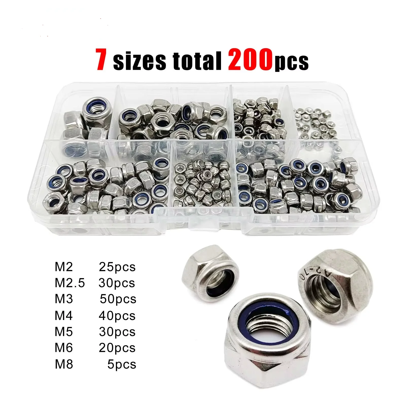 200pcs DIN985 Hex Nylon Insert Self Lock Nut Nylock Locknut Assortment Kit Set M2 M2.5 M3 M4 M5 M6 M8 304 A2-70 Stainless Steel