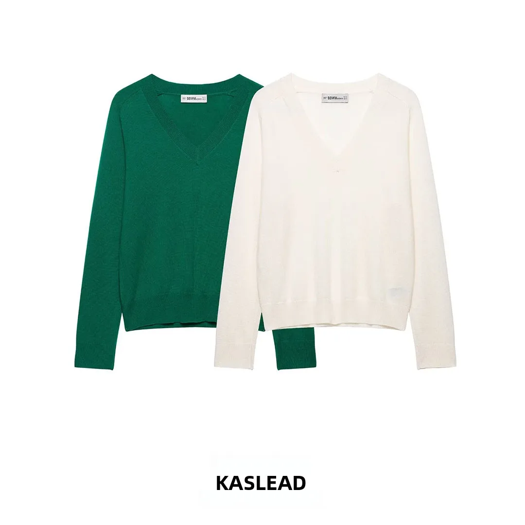 KASLEAD Women's Long Sleeve V-Neck Ribbed Knitwear Fashion Versatile Style Polyester Fiber Striped Pattern Autumn Season