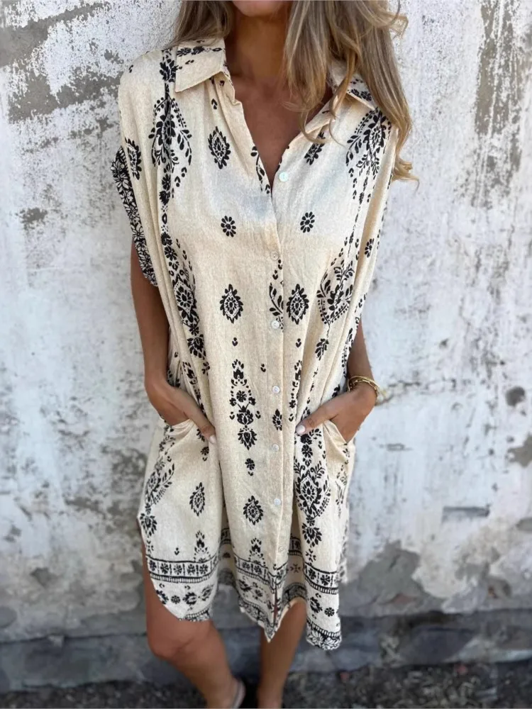 Fashion Print Boho Dress Women Casual Loose Short Sleeve Dresses Robe Femme Holiday Beach Skirt Dress Womens Clothing Summer New