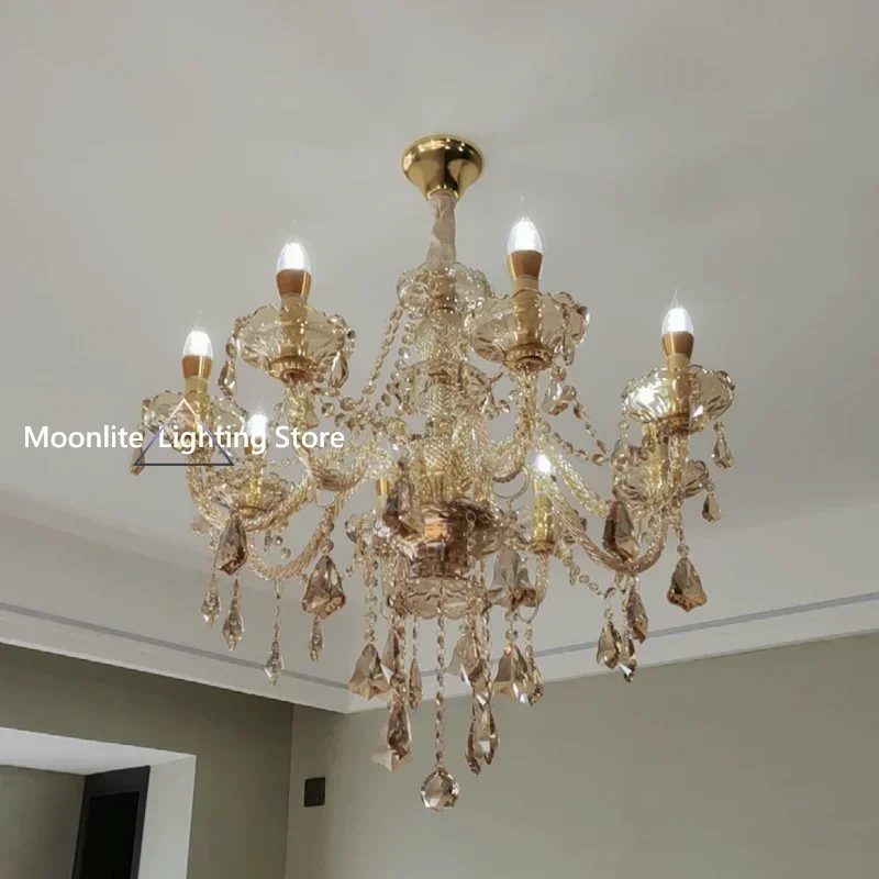 

2025 new Lustres De Cristal Amber Crystal Chandelier Home Lighting E14 Bulb Light Pendant Fixtures Living Room Indoor Lamp