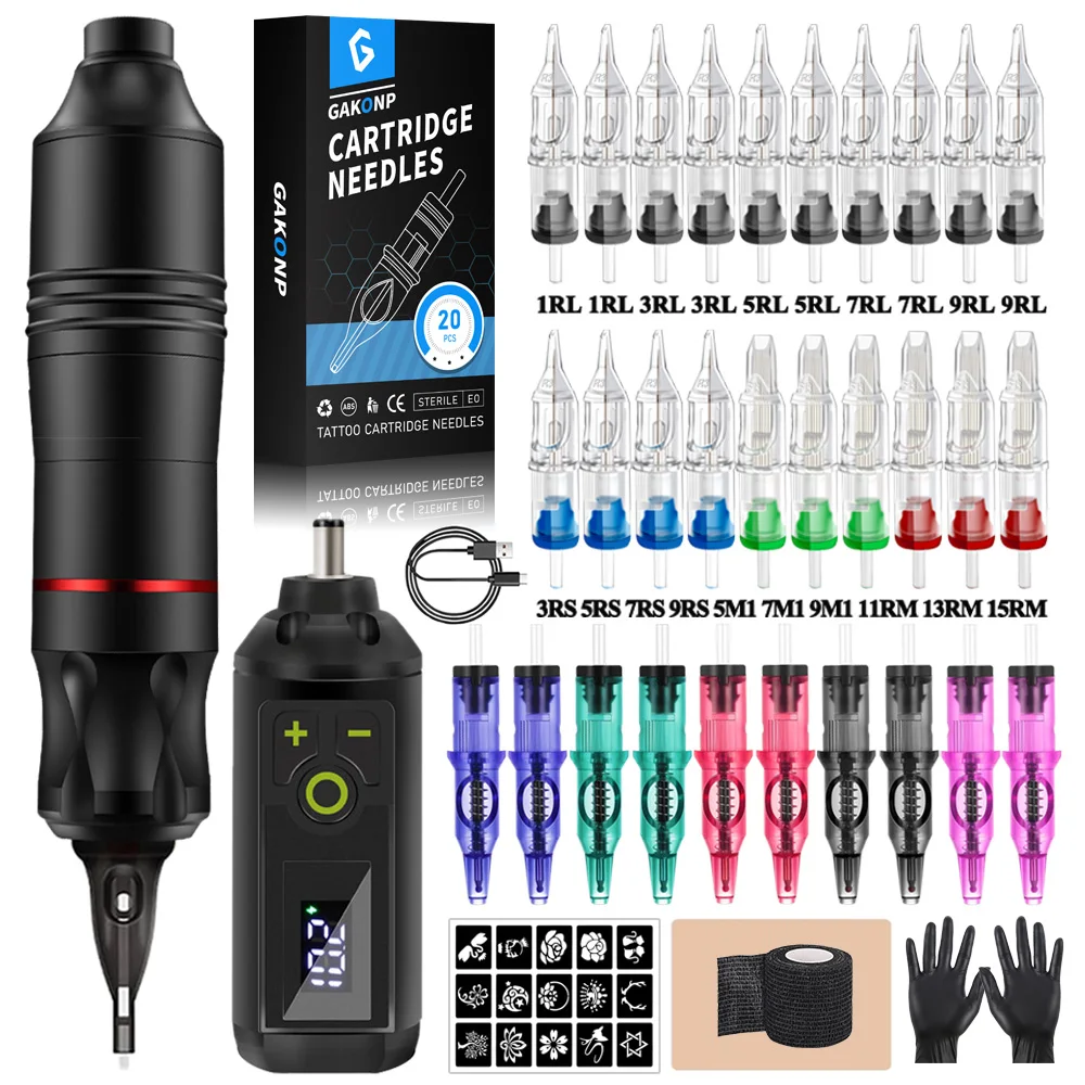 

Rotary Wireless Tattoo Pen Kit Set Ballpoint Tattoo Machine Kit with Wireless Power Supply Cartridge Needles for Tattoo Beginner