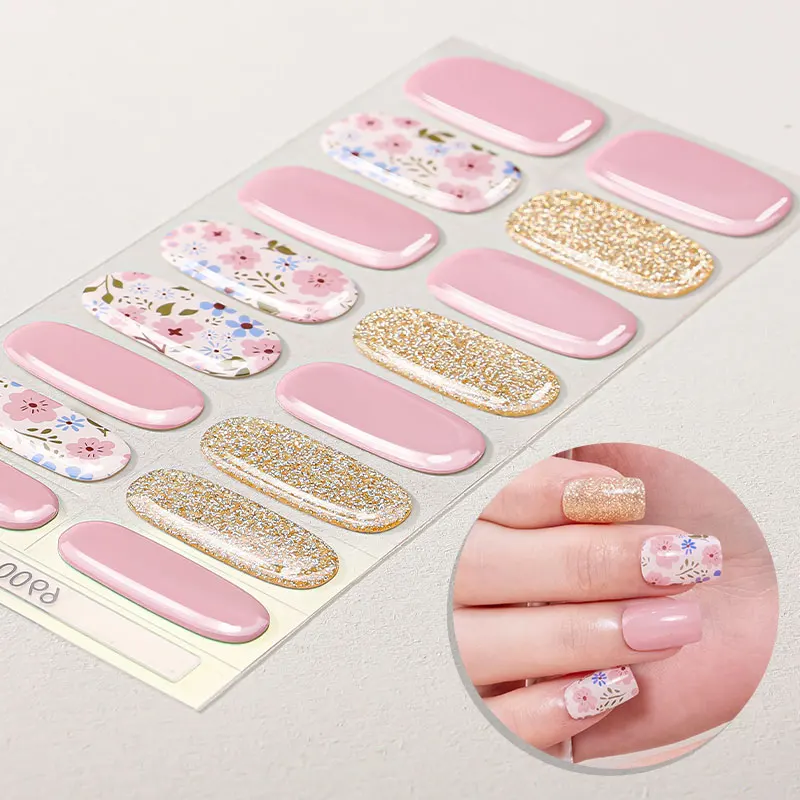 

16Tips French Flowers Gel Nail Strips Long Lasting Full Cover Glitter Baking-Free Gel Nail Stickers DIY Manicure Decoration