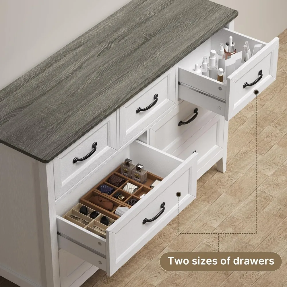 Commode blanche pour chambre à coucher avec 7 tiroirs, commodes de 47 po de largeur avec poignées en métal, meuble TV en bois pour couloir, entrée, table