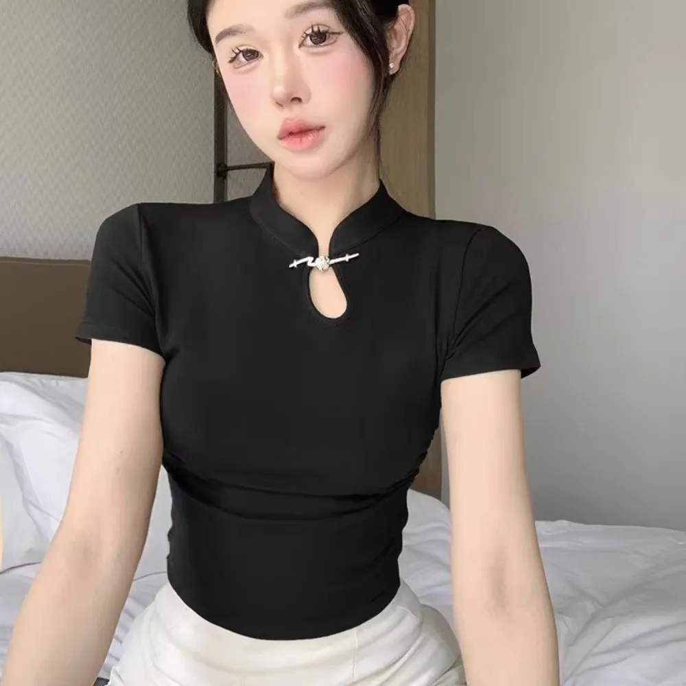 Elegant Chinese Style T Shirt Stand Collar Frog Button Closure Summer Top Elastic Vintage Short Sleeves Shirt for Women