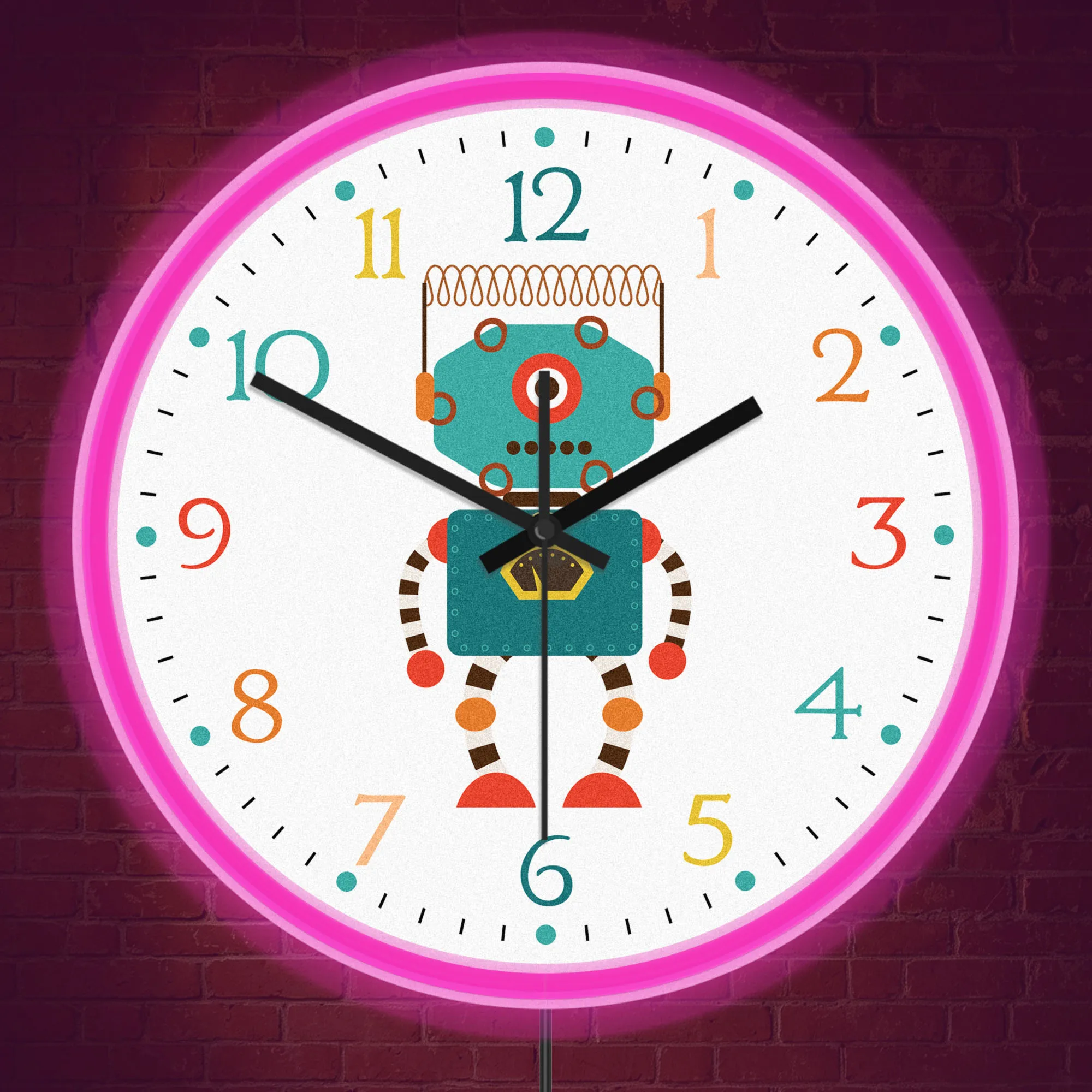 Retro Robot LED Night Light Neon Wall Clock for Nursery Game Room Playroom Sci-Fi Home Decor Illuminated Wall Clock Glow in Dark