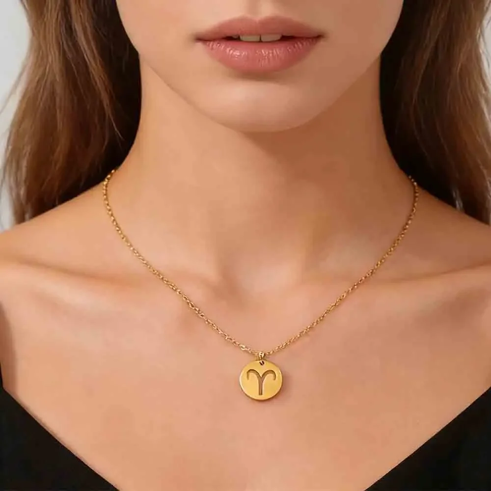 Stainless Steel Gold Color Zodiac Necklace Women Gemini Taurus Libra Virgo Leo 12 Constellation Astrology Star Sign Neck Chain