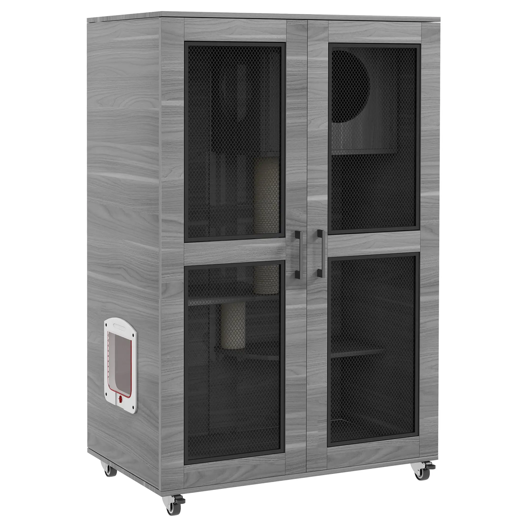 Luxury Cat House with Wheels, Kitty Cage Catio Villa for Indoor Cats with Scratching Posts, Condo, Flap Door, Cushion