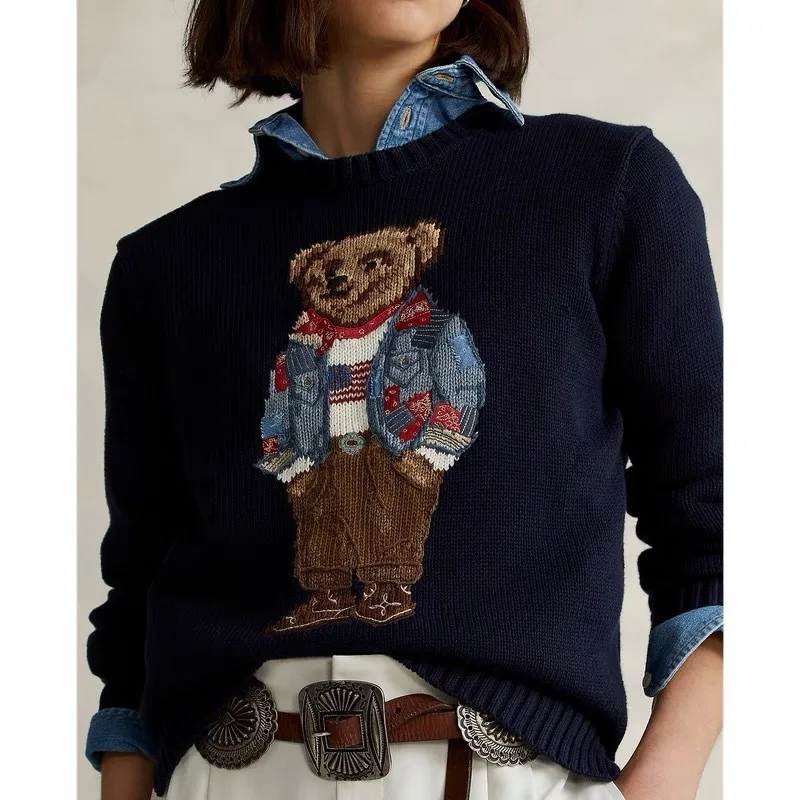 Prendas de punto clásicas de algodón con oso bordado para mujer, suéter holgado con cuello redondo, versátil, estilo callejero, a la moda, para Otoño e Invierno