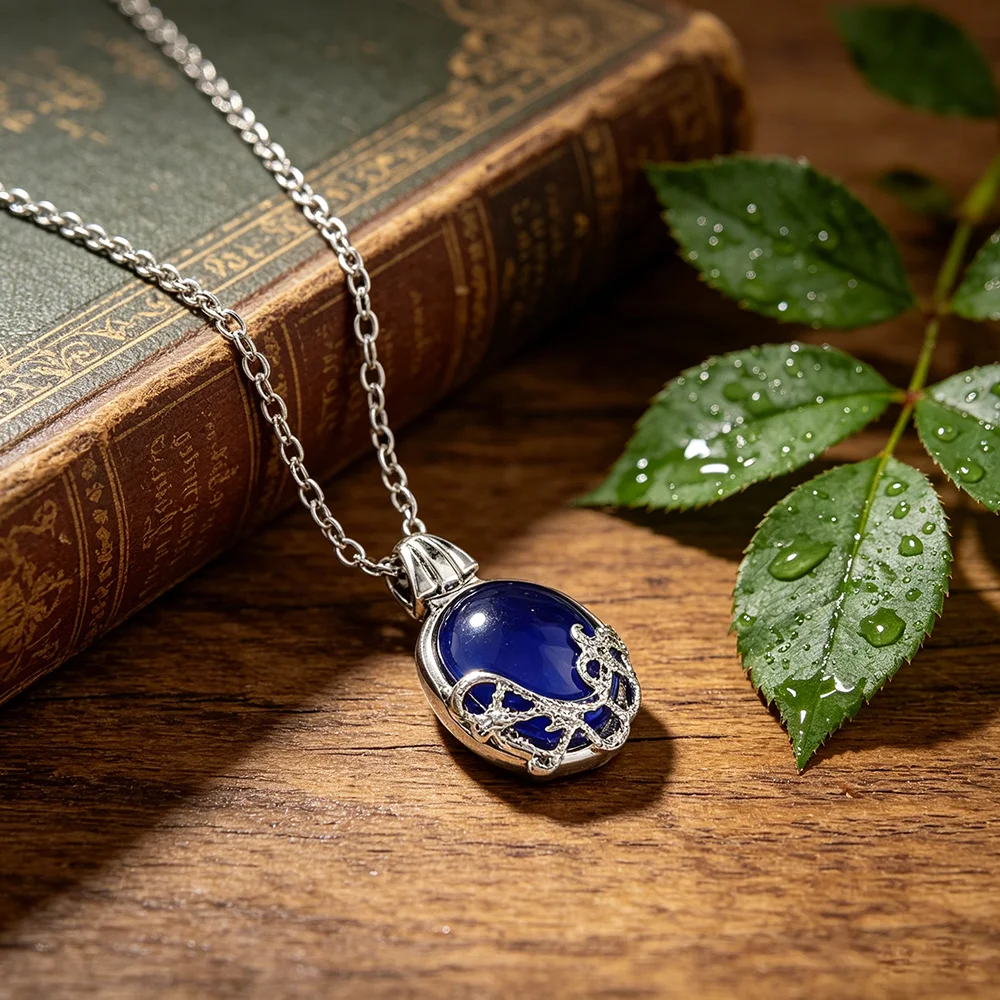 The Vampire Diaries Daylight Necklace, Katherine Pierce Lapis Lazuli Blue Gem Pendant Necklace, Vintage Silver Plated Cosplay