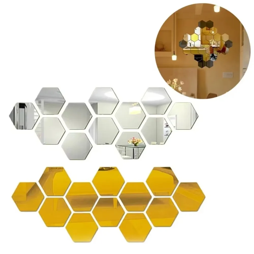 

6/12PCS Hex Small Mirror Stickers Acrylic Wall Hexagonal Self-Adhesive Mosaic Tiles for DIY Bathroom 3D Bedroom Home Decor