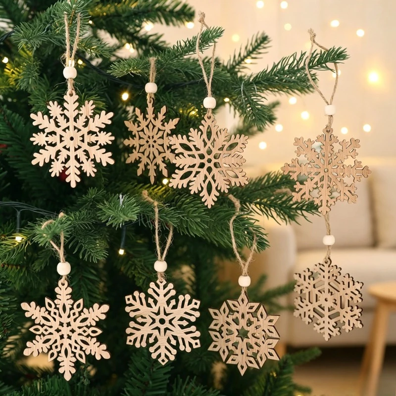 Wooden Snowflake Christmas Tree Ornaments, Rustic Laser-Cut Hanging Decor with Jute Rope for Holiday Home & Party Decoration