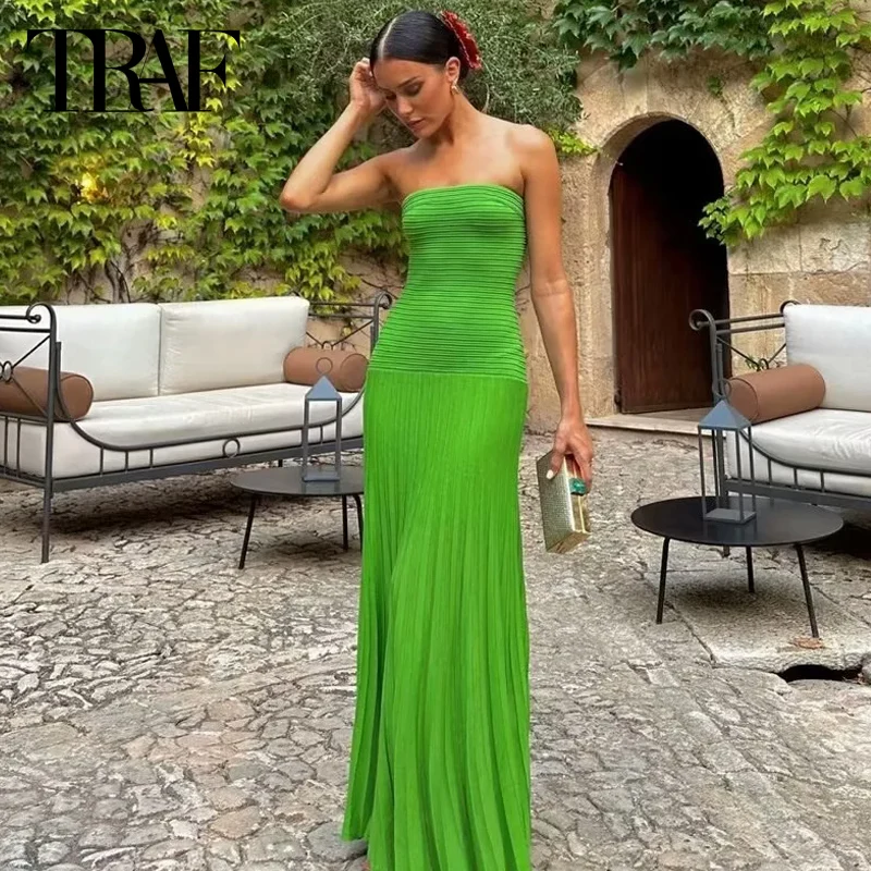 TRAF Green Long Dresses 2024 Summer Autumn ELegant Party Evening corsetto Dress Ladies Fashion Formal senza maniche Backless Vestidos