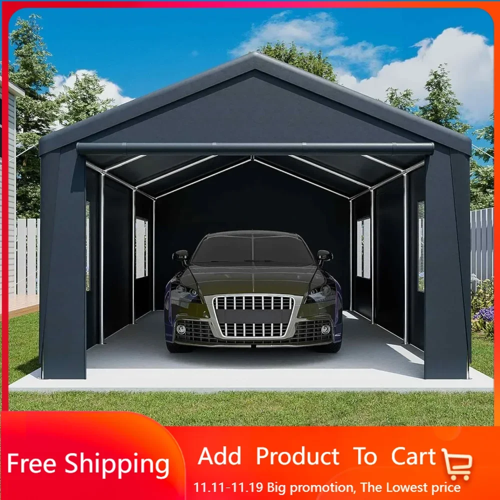 13'x 20' Carport, Heavy Duty Car Canopy Portable Garage with Removable Sidewalls and Roll-up Ventilated Doors & Windows. Gray