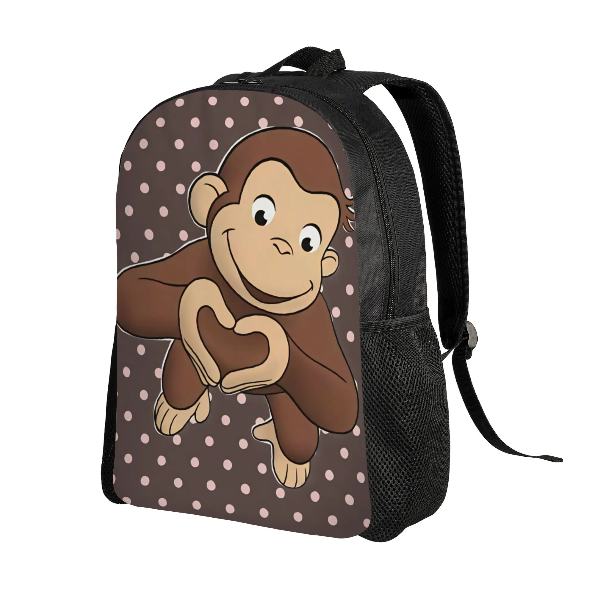 Curious George Hand Heart Polka Dot Backpack  Boy Girl Polyester Travel Backpacks Big Kawaii High School Bags Rucksack