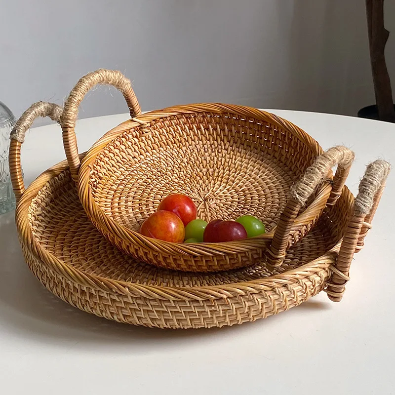 Artisanal Woven Rattan Serving Tray-Dual Handles Multipurpose Tea and Snack Presentation Platter Ideal Bread Basket With Handle