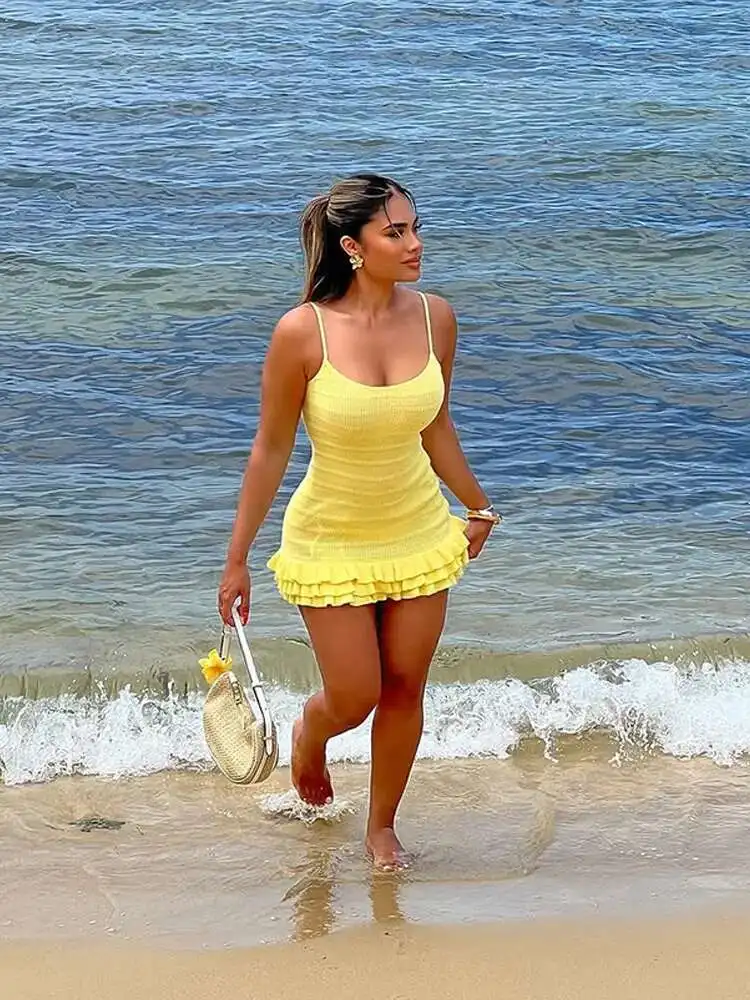Feminino amarelo em camadas babados mini vestido sexy sem costas sem mangas pescoço quadrado vestidos curtos 2025 nova festa de praia senhora roupões