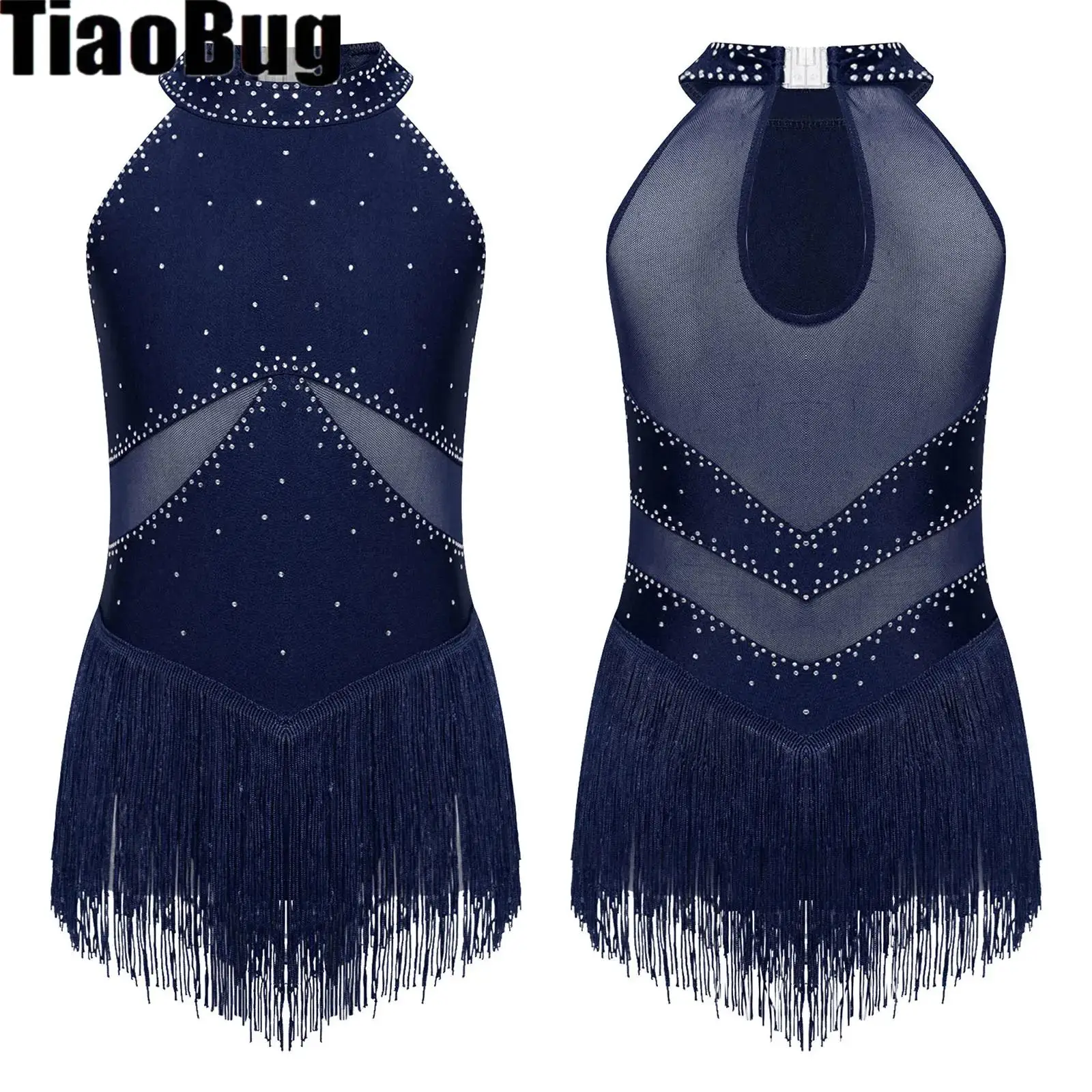 

Kids Girls Fringed Dance Leotard Glittery Rhinestones Sheer Mesh Patchwork Keyhole Back Tassel Bodysuit for Figure Skating