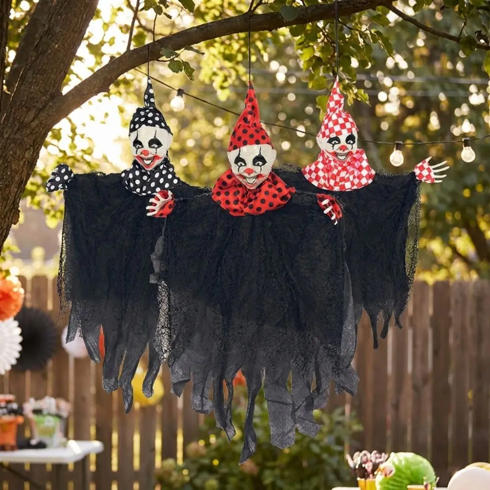 Tattered Ripped Gauze Skirt Polka Dot Clown Hanging Ghost with Pointed Hat Hand Painted Haunted House Spooky Scene Prop