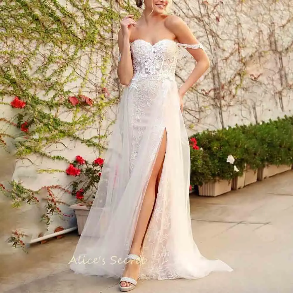 

A-Line Tulle Off-Shoulder Sweetheart See Through Embellished Long Lace Sweep Train Wedding Dress