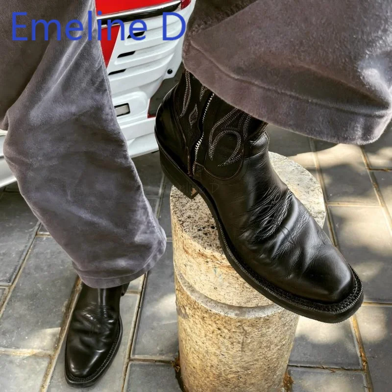 Embroidered Denim Boots Retro Square Heel Thick Soled Motorcycle Boots Black Minimalist Side Zipper Versatile Casual Short Boots