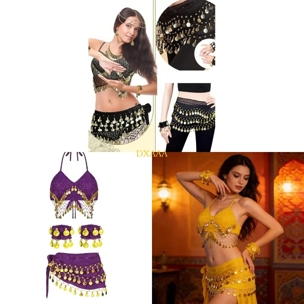 

DXAA Belly Dancing Outfit Wrist Cuffs Adjustable Necklace Top And Twirling Sequined Skirt