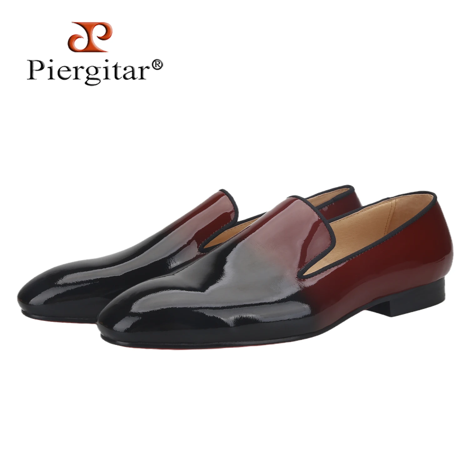 Piergitar Black And Burgundy Mixed Colors Patent Leather Men's Loafers Classic Style Handmade Slip-On Moccasins Red Sole Flats