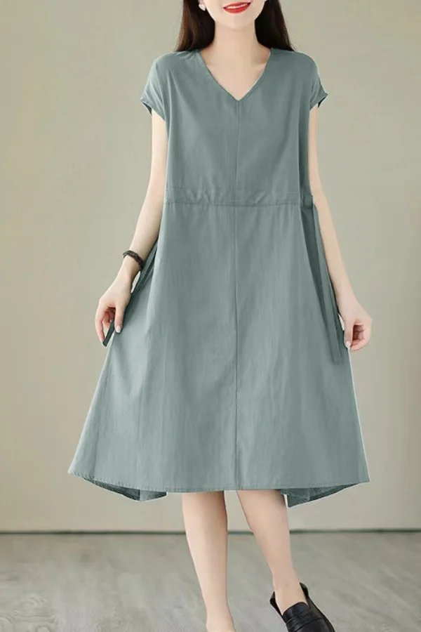 Robe d'été ample à manches courtes pour femmes, nouveau article, Slim, grande taille, tempérament décontracté, cintré à la taille, col en v, M526, 2025