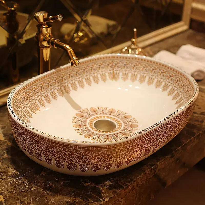 Oval Jingdezhen Bathroom ceramic sink wash basin Porcelain Counter Top Wash Basin Bathroom Sinks antique vessel sink