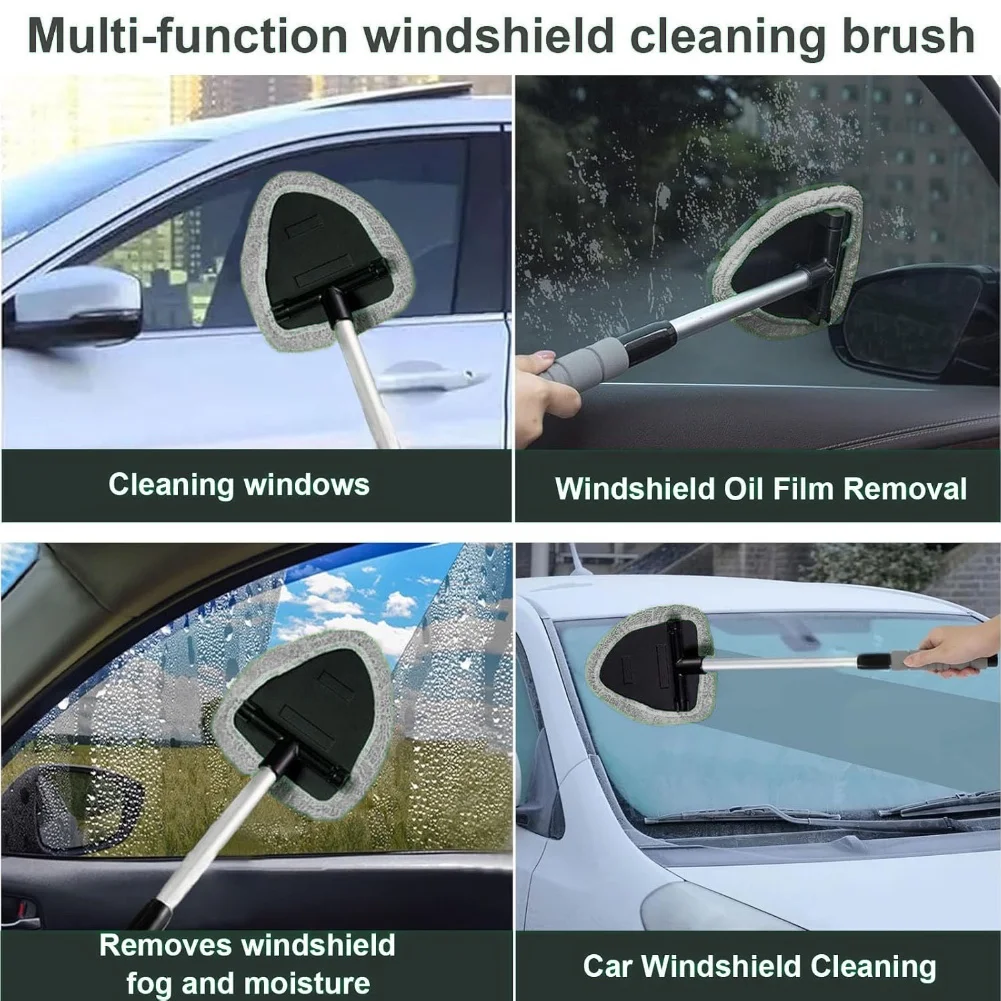 Windshield Cleaning Tool, Car Window Cleaner with 2 Washable Reusable Microfiber Pads, Extendable Long Handle Glass Wiper Cleani