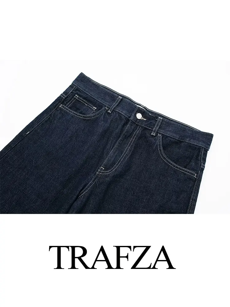 TRAFZA 2024 Street Fashion Retro Denim Jeans per le donne Turn Up gambe vita alta gamba larga Jeans donna autunno Denim blu pantaloni