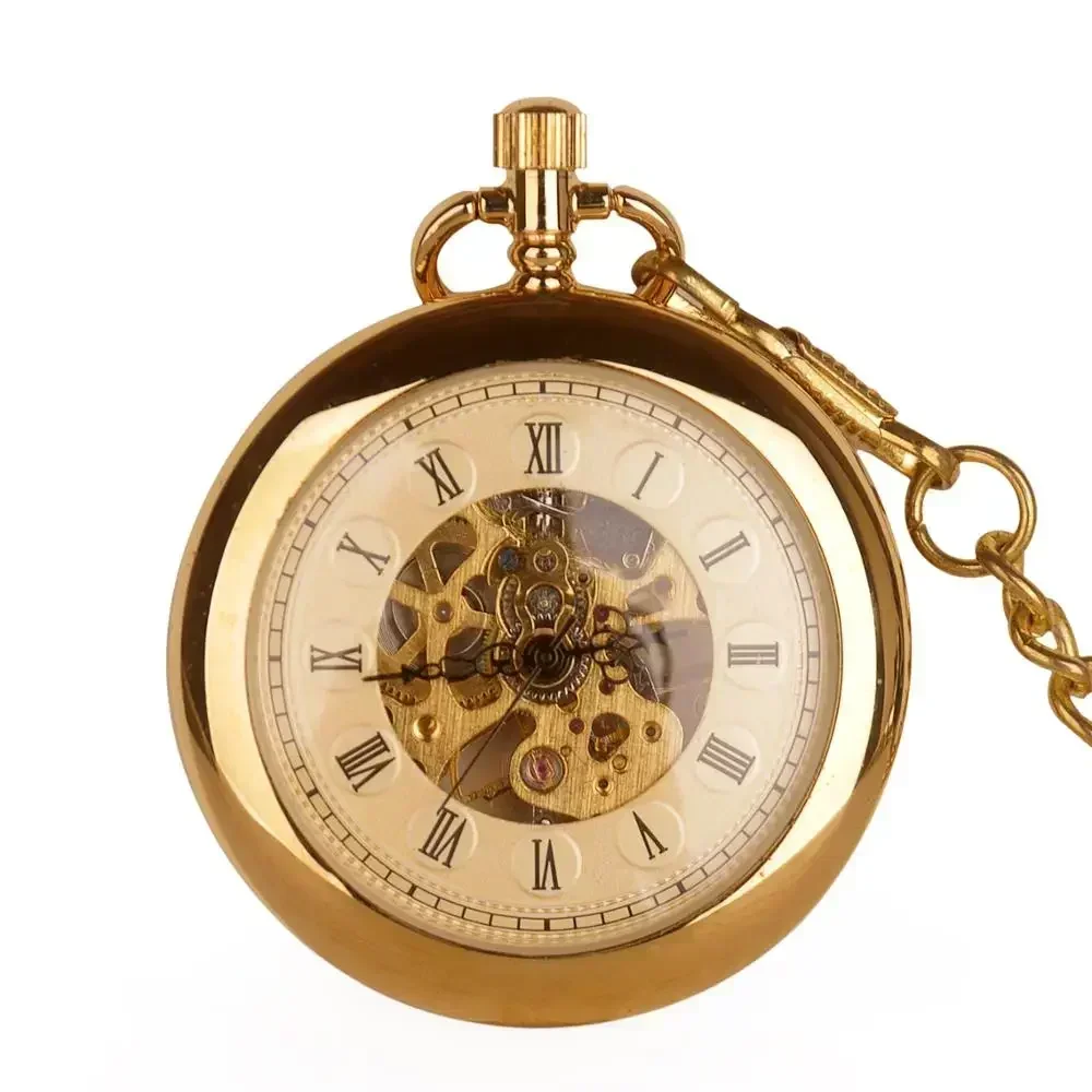 Luxury Gold Skeleton Transparent Mechanical Pocket Watch for Men Women FOB Chain Hand Winding Full Steel Pocket Watch Wholesale