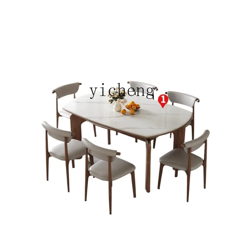 

Tqh Style Stone Plate Solid Wood Dining Tables and Chairs Set Household Retractable Square round Table