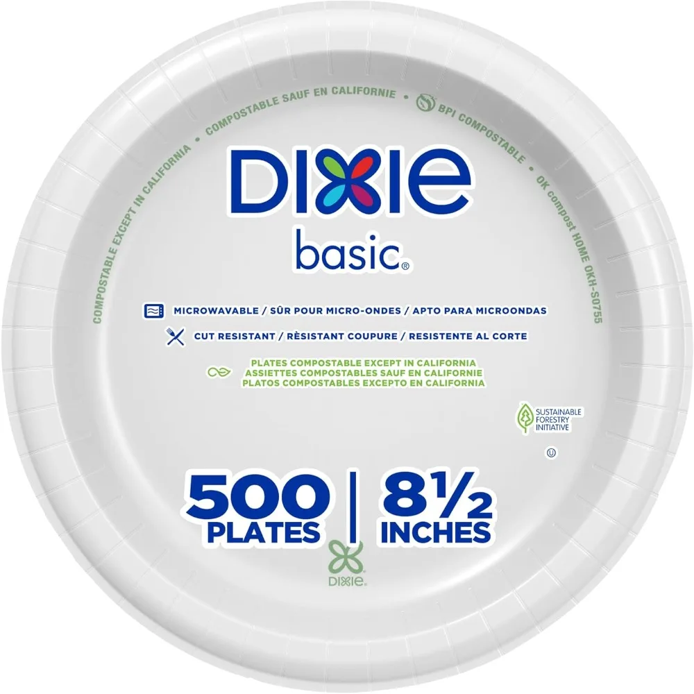 

GP PRO Dixie Basic Paper Plates 8.5" - 500 Count Disposable Plates with Soak-Proof Shield, Microwavable