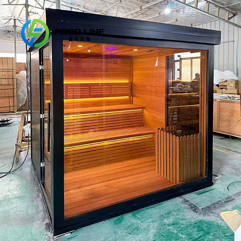 Multi Person Outdoor Sauna Room Symmetrical Internal Layout Comfortable Seat Design For Friend Gathering Family Leisure And Rest