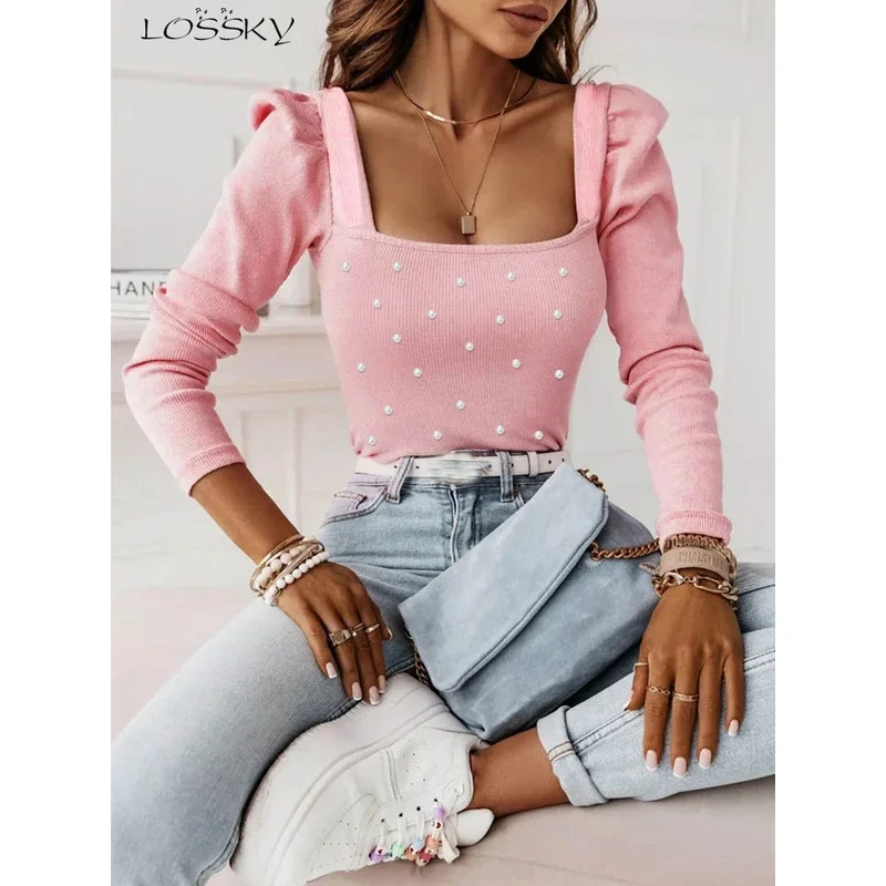 

T Shirt For Women Knitted Long Sleeve Tops Pink Pulovers Square Collar Pearl Shirts & Blouses Winter Youthful Woman Clothes