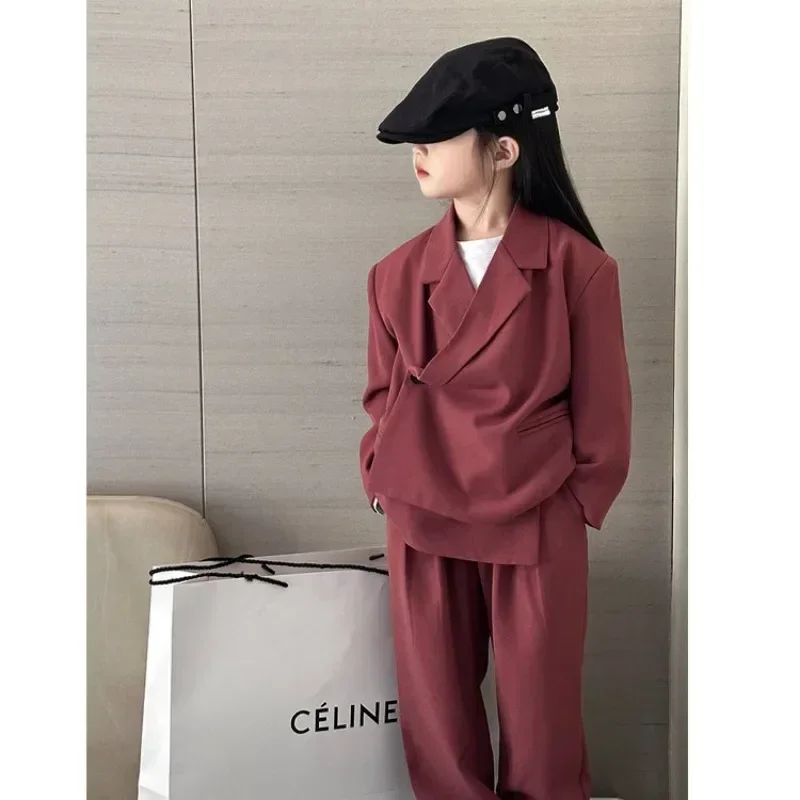 Teen Girls Suit Fashion Oblique Placket Blazer Pants 2 Pcs Casual School Kids Clothes Set 12 Y Child Piano Performance Costume