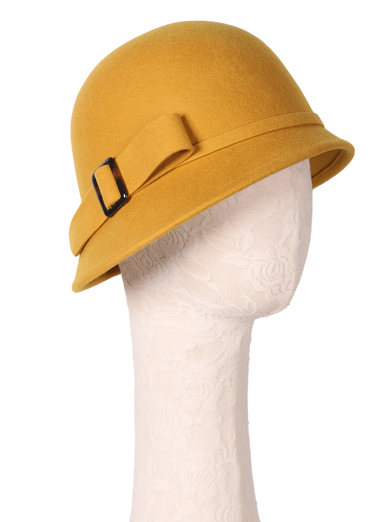 FS Women\'s Black Wool Felt Cloche British Top Bucket  Hat With Bowknot Wide Brim Bowler Fedoras Ladies Yellow Floppy Derby Hats