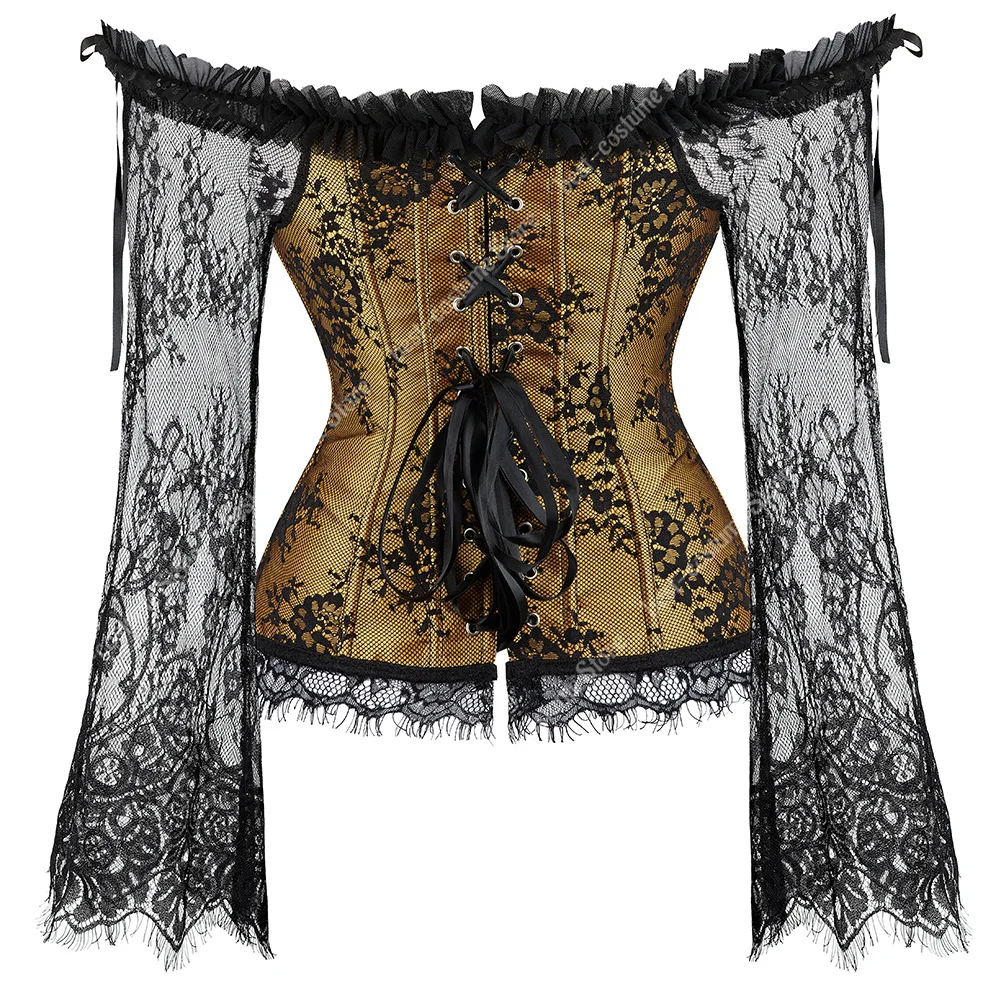 Burlesque Corset With Sleeves Black Gothic Corset Bustier for Women  Lace Long Sleeves Corset Lingerie Sexy Costume