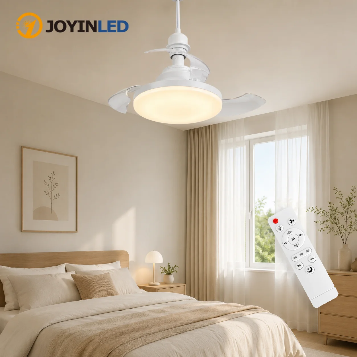JOYINLED Dimmable LED Ceiling Fan Light, E27 Fan Lamp, 3-Color (3000-6500K), Remote Control, Quiet Invisible Fan for Bedroom