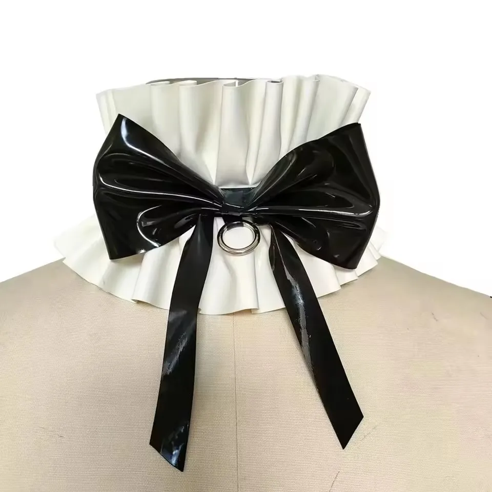 

Sexy Women Men Latex Neck Choker Ruff Lacing Collar White with Black Back Button with Metal Ring Handmade Costumes Clothing